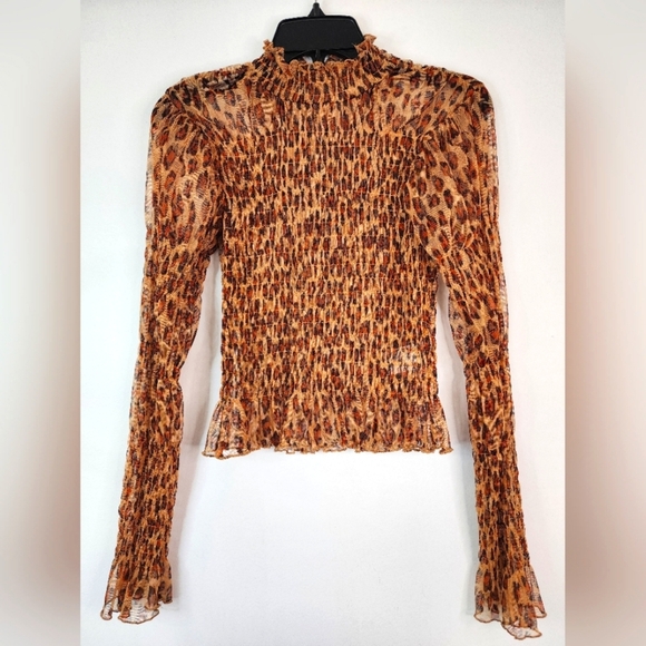 Free People Women's Leopard Print Smock Crop "Hello There" Sheer L/S Top, sz SM - Picture 1 of 12
